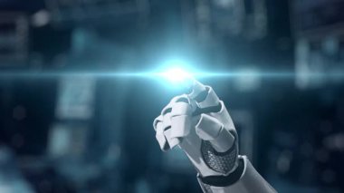 Bulanık laboratuvar arka planına sahip beyin hologramına robotik el gösterimi yap ve tıkla. Tıbbi verilere erişmek ve onları teşhis etmek için robot el beyin ikonuna tıklıyor. Sağlıklı..