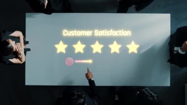 A top-down view of a business meeting where a customer satisfaction rating is displayed on the table, emphasizing the importance of feedback and collaboration. Raster