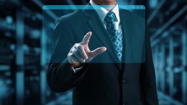 Businessman in Suit Standing with Virtual Programming Language Interface Displaying HTML, Java, C, and Python Code in Modern Technology Environment. Qubit