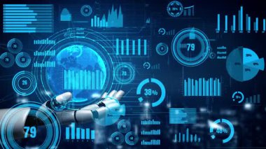 A futuristic robotic hand reaches out to interact with digital graphs and data visualizations. This imagery symbolizes technological advancement and global connectivity. Xenic