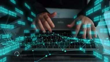 A close-up view of hands typing on a laptop keyboard, enhanced by digital visualizations, graphs, and statistical data, illustrating modern business analytics. Xenic