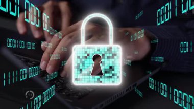 Hands on a keyboard illustrate digital security, featuring a glowing padlock symbol combined with data visualizations and binary elements, emphasizing data protection. Xenic