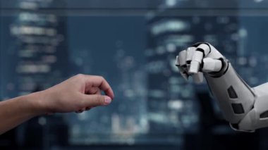 A human hand extends towards a robotic hand, symbolizing collaboration in a digital cloud space. The interaction highlights advanced technology and urban innovation concepts. Auvana