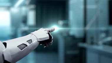 Bulanık laboratuvar arka planına sahip DNA hologramına robotik el gösterimi ve dokunuşlarını kapat. Tıbbi verilere erişmek ve onları teşhis semptomlarına bağlamak için robot el DNA ikonuna tıklıyor. Sağlıklı..
