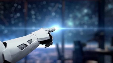 A robotic arm interacts with glowing human figures displayed on a digital screen, highlighting the synergy between advanced technology and human connection in a modern workspace. Auvana