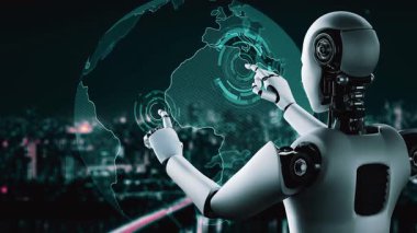 Future financial technology controll by AI robot huminoid uses machine learning and artificial intelligence to analyze business data and give advice on investment and trading decision . 3D rendering .