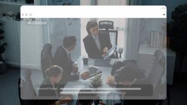 In this modern office scene, a group of professionals collaborates around a table while engaging with an AI chatbot interface, showcasing teamwork and innovation. Raster