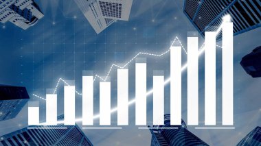 This image showcases a modern cityscape from a unique perspective, featuring a financial growth chart overlaid with a dynamic trend graph representing economic progress. Copula
