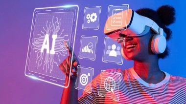 A young woman engages with an immersive virtual reality experience, showcasing the intersection of technology and creativity in a dynamic, vibrant setting. Raster