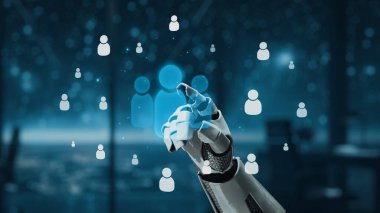 Büyüleyici bir robot el dijital insan ikonlarına uzanır, gelecekteki çalışma alanlarındaki iletişimi ve iletişimi sembolize eder, teknoloji ve yeniliği harmanlar. Auvana