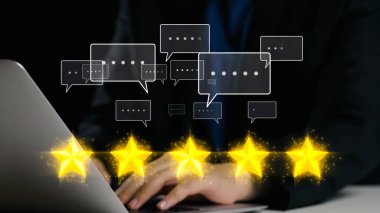 This image captures hands typing on a laptop with five golden stars and speech bubbles, symbolizing online reviews and customer feedback in the digital age. Qubit