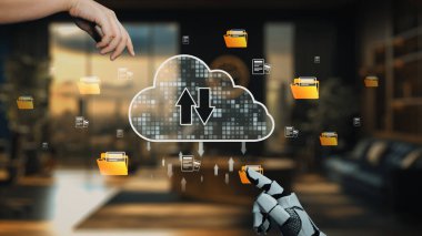 Bu resim, çağdaş bir çalışma alanında veri transferi ve dijital yönetim kavramlarını vurgulayan, bulut depolamasıyla etkileşen gelecekçi bir robotik ele sahiptir. Auvana