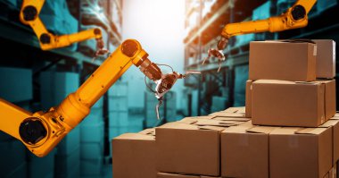 Yenilikçi depo ve fabrika dijital teknolojisi için akıllı robot kol sistemi. İnternet ağına bağlı IOT yazılımı kullanarak endüstri mühendisliği tarafından kontrol edilen otomasyon üretim robotu .