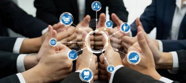 A group of professionals gathered in a business meeting, showcasing thumbs up as a gesture of agreement and unity, surrounded by digital icons symbolizing collaboration and innovation. Amity