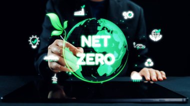 A conceptual illustration showing the importance of net zero emissions. A hand places a green plant on a glowing globe, representing sustainability and eco-friendly practices. Qubit