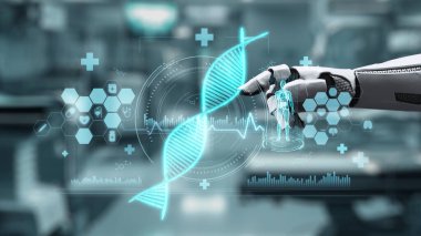 Bulanık laboratuvar arka planına sahip DNA hologramına robotik el gösterimi ve dokunuşlarını kapat. Tıbbi verilere erişmek ve onları teşhis semptomlarına bağlamak için robot el DNA ikonuna tıklıyor. Sağlıklı..