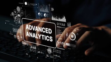 Hands on Keyboard with Overlay of Advanced Analytics Data and Graphs in Modern Technology Environment. Asymptotic smart data analytic.