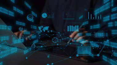A modern digital workspace featuring hands typing on a laptop, surrounded by vibrant data visualizations, graphs, and analytical metrics in a tech-savvy business scene. Xenic