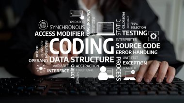 A close-up view of a programmer hands typing on a keyboard, with a creative overlay of coding-related terms, reflecting the dynamic world of software development and technology. Tessel