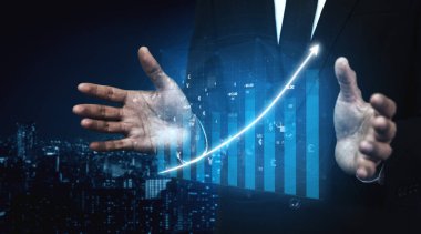 A businessman showcases a virtual growth chart with an upward trend, set against a city skyline at night. This image encapsulates finance, technology, and business success. Impute