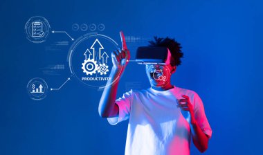 A young individual interacts with a virtual reality headset, enhancing productivity through technology in a vibrant blue environment featuring digital elements and growth icons. XDMCP