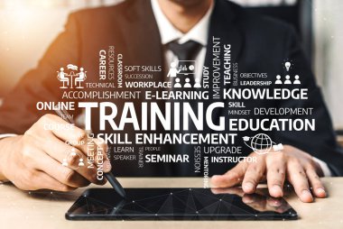 This image represents the essential concepts of training and education, highlighting skills development, e-learning, and career improvement strategies for professionals. Tessel
