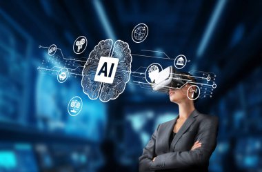 A professional woman explores the potential of artificial intelligence through a virtual reality headset, surrounded by digital visuals that represent advanced technology concepts. XDMCP