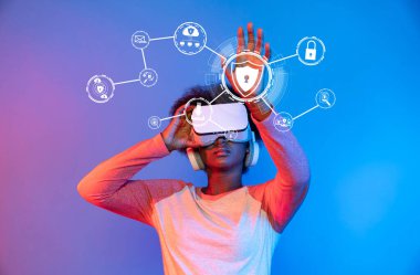 A person engages with virtual reality technology while surrounded by digital icons representing cyber security, highlighting the importance of online safety and protection. XDMCP