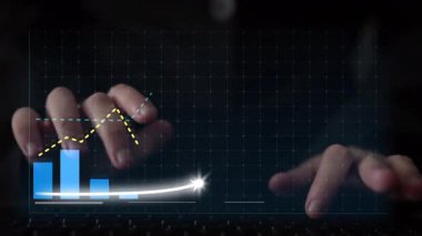 This image depicts financial growth through bar graphs and line charts, highlighting data analysis. The interaction of hands emphasizes technology in business reporting. Copula