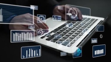 Engaging digital workspace showcasing a laptop and floating analytics graphics for effective business analysis and decision-making in a modern environment. Xenic