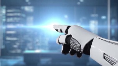 A futuristic robot arm points at a digital search bar surrounded by various icons in a modern office setting, highlighting innovation and technology in communication. Auvana