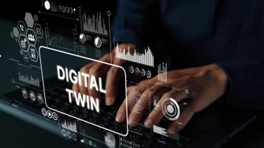 Hands Typing on Laptop with Digital Twin Concept Visualization and Data Graphics on Display. Asymptotic smart data analytic.