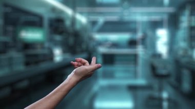 Robot ve insan elini uzatıyor ve yüzen DNA hologramıyla işaret ediyor. Bulanık laboratuvar geçmişini işaret ederken robot el ve insanın birlikte çalışmasını kapat. Sağlıklı..