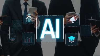 A group of business professionals engaged in utilizing artificial intelligence technologies, showcasing diverse digital tools and applications in a modern office environment. Raster