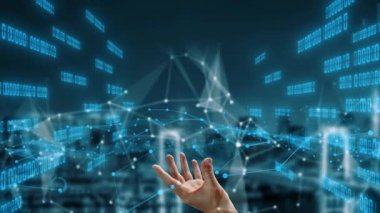 Explore a captivating scene where a hand gestures towards a blend of charts and data visualizations, symbolizing the synergy between technology and analytics in a modern environment. Xenic