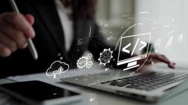 Kodlama sembolleri, web geliştirme süreci, web geliştirme arayüzü ve web geliştirme araçlarını içeren modern web geliştirme kavramı. Muxer