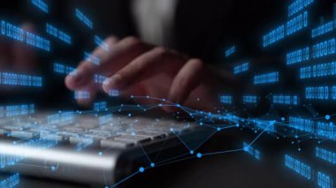 A close-up view of hands typing on a keyboard with digital graphs and data visualizations overlaying, symbolizing modern data analysis in a business environment. Xenic