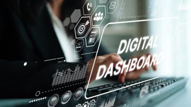 Business Professional Interacting with Advanced Digital Dashboard Interface in Modern Office Setting for Data Analysis and Reporting. Asymptotic smart data analytic.