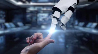 Fütürist bir robotik kol finansal veri ve grafiklerle etkileşime geçerek, teknolojinin finansal analize entegrasyonunu ve canlı bir şehir ofisinde büyüme tahminini sembolize ediyor. Auvana