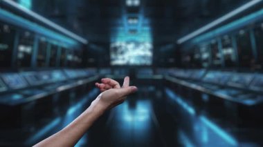 A captivating visual of a robotic hand reaching toward a human hand, set against a modern tech background, symbolizing interaction and connection in the digital age. Auvana