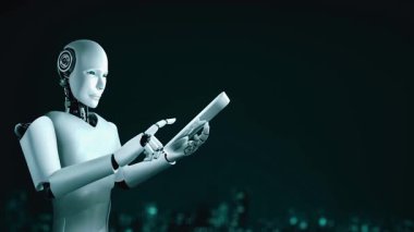 AI robot huminoid uses cloud computing technology to store data on online server . Futuristic concept of cloud information storage analyzed by machine learning process . 3D rendering .