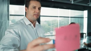 Yetenekli işadamı, cam duvara renkli yapışkan notlar yapıştırarak proje yöneticisine pazarlama fikrini sundu. Proje yöneticisi yatırımcıya projeyi gösteriyor, anlatıyor, gösteriyor. Yönlendirici.