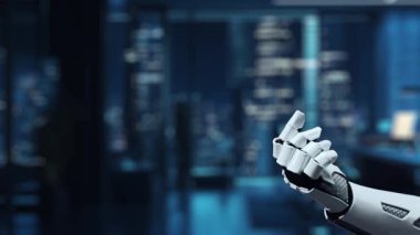 A futuristic robotic hand is poised to reach toward a digital target, illustrating the intersection of technology and business strategy with impactful data graphics and symbols. Auvana