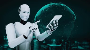 Future financial technology controll by AI robot huminoid uses machine learning and artificial intelligence to analyze business data and give advice on investment and trading decision . 3D rendering .