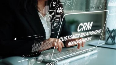 Business Professional Engaging in Customer Relationship Management with Digital Interface and Data Analytics Visualization. Asymptotic smart data analytic.