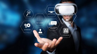 A businessman experiences virtual reality while engaging with AI and technology concepts, highlighting automation, deep learning, and innovative solutions for modern challenges. Raster