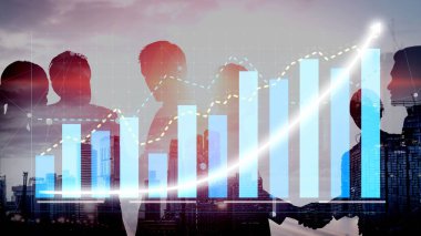 Abstract representation of business growth featuring silhouettes, charts, and upward trends, highlighting the themes of teamwork and professional success in a corporate setting. Copula
