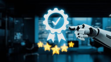 Fütürist bir robot el, yıldızlarla işaretlenmiş, parlak modern ofis ortamında geçen kalite güvencesini sembolize eden parıldayan dijital bir rozeti işaret ediyor. Auvana