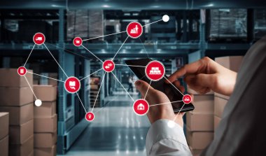 Paket toplama ve teslimatı tanımlamak için teknolojinin yenilikçi interneti olan akıllı depo yönetim sistemi. Gelecekteki tedarik zinciri ve lojistik ağ işi kavramı .