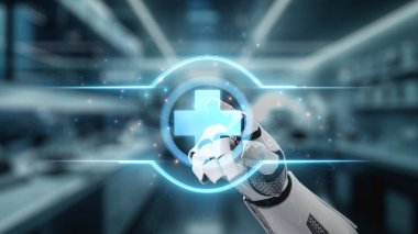 Robotik el işaretini kapat ve bulanık laboratuvar geçmişine sahip çapraz holograma dokun. Tıbbi verilere erişmek ve onları teşhis etmek için robot el tıklaması. Sağlıklı..